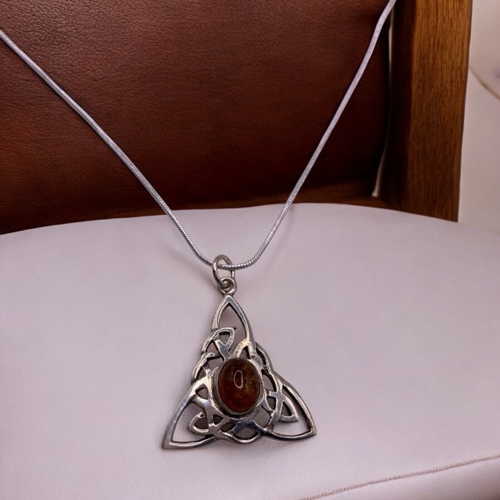 Sterling Silver Celtic Knot with Amber Pendant Necklace